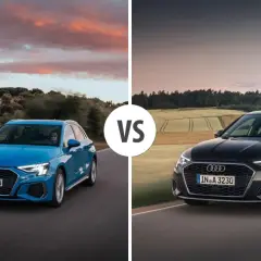 Niebieski i czarny Audi A3 2025 na drodze, porównanie modeli.