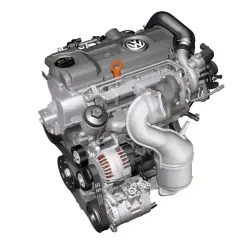 Silnik Volkswagen z turbosprężarką. Czy on to jest diesel? Wygląda na to, że tak, z charakterystycznym układem dolotowym.