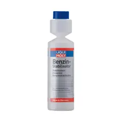 Dodatek do benzyny Liqui Moly Benzin-Stabilisator w białej butelce z niebieską zakrętką. Zapewnia stabilizację paliwa.