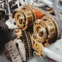 Zbliżenie na mechanizm rozrządu w silniku diesla. Zastanawiasz się, co ile kilometrów wymienia się rozrząd w dieslu? Sprawdź w instrukcji swojego auta!