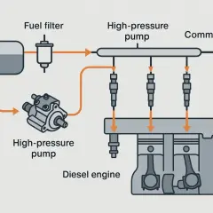 Schemat pokazuje, jak działa silnik diesla: paliwo z baku przez filtr trafia do pompy wysokiego ciśnienia, a następnie do listwy Common Rail, skąd wtryskiwacze podają je do cylindrów.