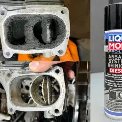 Przed i po czyszczeniu kolektora dolotowego silnika diesla. Puszka Liqui Moly płukanka do silnika diesel.