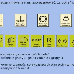 Grafika przedstawia zadania do egzaminu praktycznego kat B: sprawdzanie poziomu płynów, świateł i sygnału dźwiękowego.