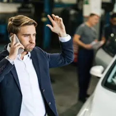 Mężczyzna w garniturze rozmawia przez telefon, gestykulując ręką, obok białego samochodu w warsztacie.