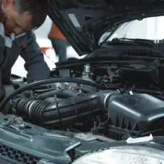 Mechanik pracuje przy silniku, sprawdzając, ile kosztuje serwis olejowo filtrowy.