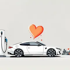Białe auto przy dystrybutorze LPG, z sercem nad dachem. Czy LPG niszczy silnik? Niekoniecznie, to ekologiczny wybór!