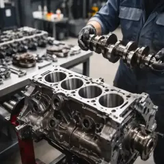 Mechanik montuje wałek rozrządu do bloku silnika. Zastanawiasz się, ile za wymianę silnika?