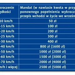 Tabela pokazuje, ile wynosi mandat za przekroczenie prędkości. Od 50 zł za przekroczenie do 10 km/h do 2500 zł za jazdę o 71 km/h i więcej.