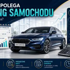 Granatowy samochód, umowa leasingu, kluczyki, kalendarz rat, kalkulator, monety i wykresy.