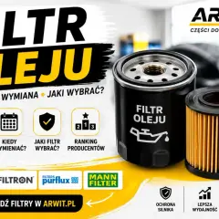 Dwa filtry oleju, jeden czarny z napisem "FILTR OLEJU", drugi pomarańczowy. Obok ikony symbolizujące objawy zużycia, wymianę i wybór filtra. Sprawdź filtry w ARWIT.PL.
