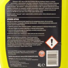 Jasnożółta butelka płynu do chłodnic Prestone z instrukcją użycia i ostrzeżeniami.