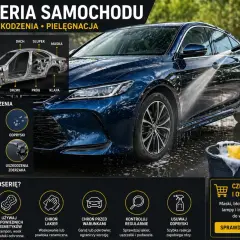 Niebieski samochód podczas mycia, z widocznymi elementami karoserii i informacjami o jej budowie i pielęgnacji.