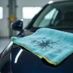 Niebieska mikrofibra z plamą na ciemnym lakierze samochodu. Klucz do tego, jak umyć auto bez smug.