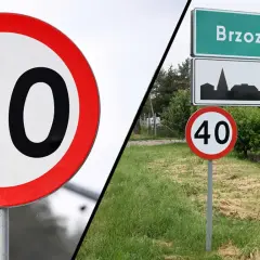 Znak b33 z ograniczeniem do 80 km/h i znak informujący o wjeździe do Brzozy z ograniczeniem do 40 km/h.