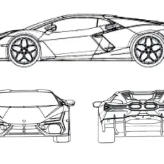 Szkic techniczny Lamborghini, pokazujący jak narysować ten sportowy samochód z różnych perspektyw: z boku, przodu i tyłu.