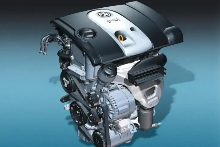 Silnik Volkswagen 1.6 MPI z widocznymi paskami, alternatorem i osłoną.
