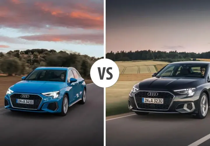 Niebieski i czarny Audi A3 2025 na drodze, porównanie modeli.