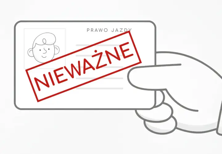 Dłoń trzyma prawo jazdy z czerwoną pieczątką "NIEWAŻNE".