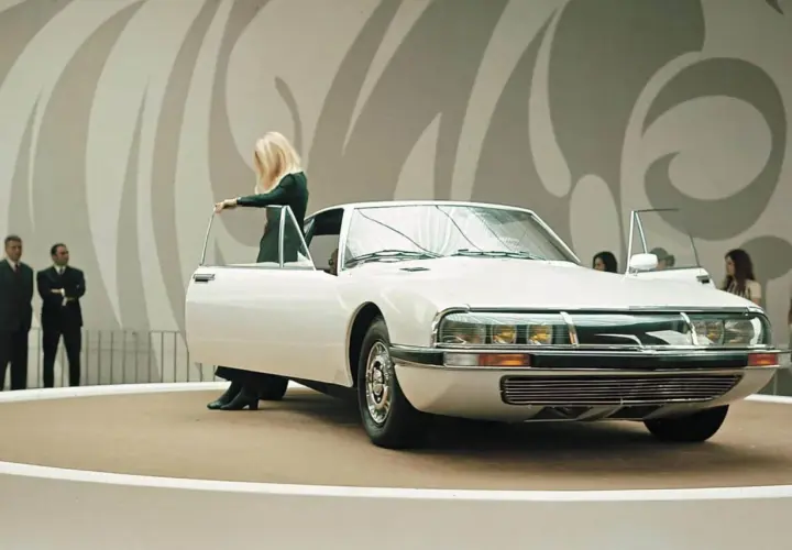 Elegancka blondynka otwiera drzwi białego Citroëna SM na wystawie. Obok stoją mężczyźni w garniturach.