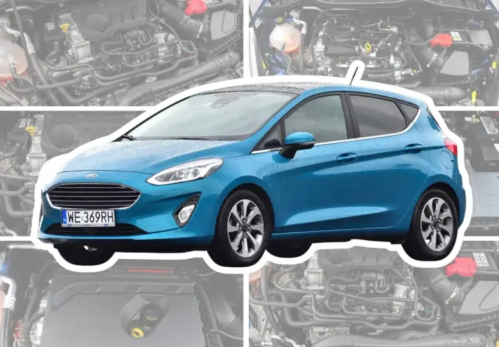 Niebieski Ford Fiesta MK5 z widocznym silnikiem pod maską.