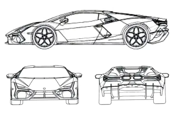 Szkic techniczny Lamborghini, pokazujący jak narysować ten sportowy samochód z różnych perspektyw: z boku, przodu i tyłu.