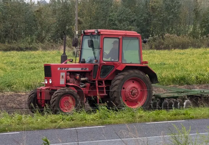 Czerwony ciągnik MTZ Belarus 82 z kabiną pracuje na polu, za nim widać pług.