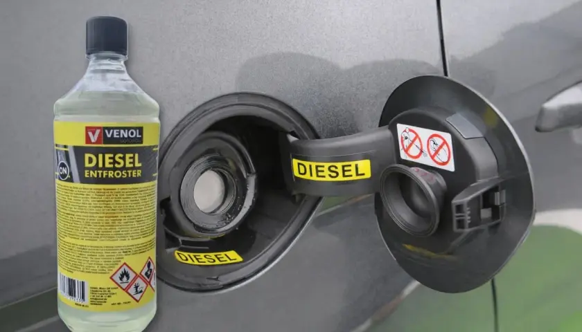 Butelka dodatku do oleju silnikowego diesel Venol Diesel Entfroster obok otwartego wlewu paliwa.