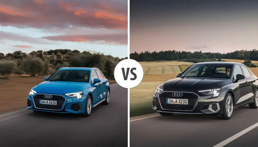 Niebieski i czarny Audi A3 2025 na drodze, porównanie modeli.