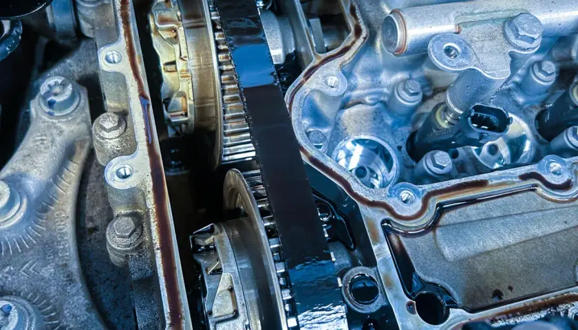 Wnętrze silnika 1.2 PureTech z widocznym paskiem rozrządu, kołami zębatymi i wtryskiwaczami.