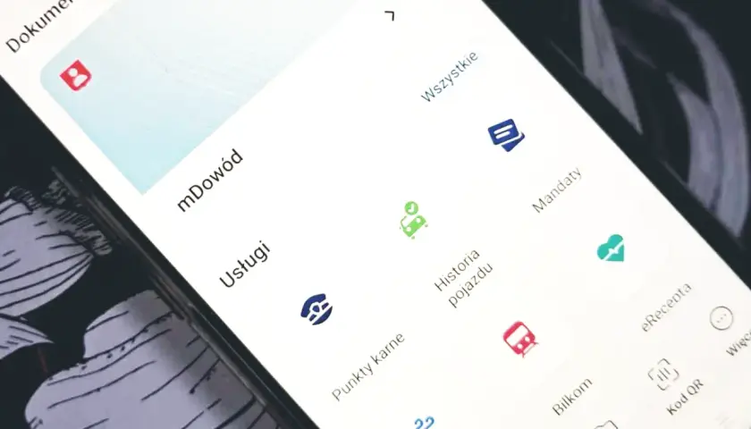 Aplikacja mobilna z opcjami: mDowód, Usługi, Historia pojazdu, Mandaty. Sprawdź, jak sprawdzić niezapłacone mandaty.