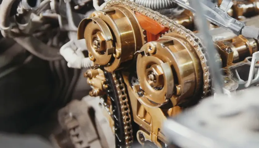 Zbliżenie na mechanizm rozrządu w silniku diesla. Zastanawiasz się, co ile kilometrów wymienia się rozrząd w dieslu? Sprawdź w instrukcji swojego auta!