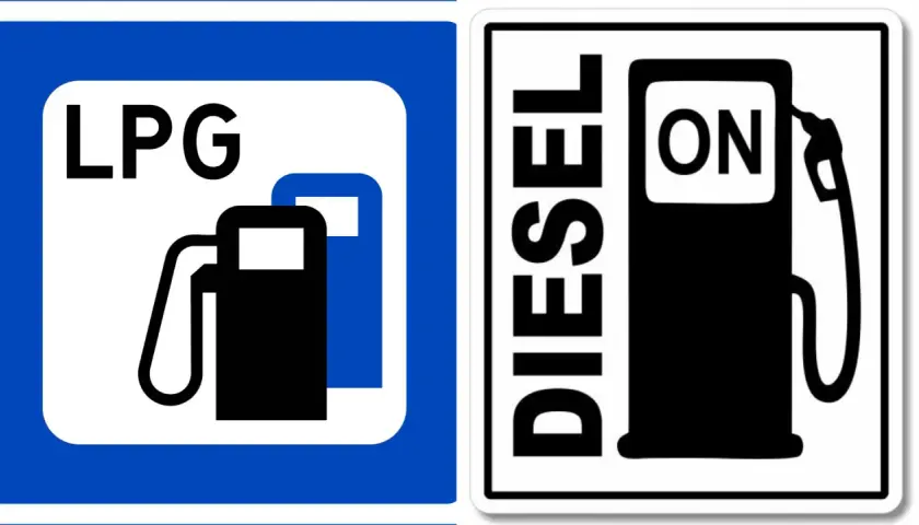 Dwa znaki: jeden z napisem LPG i symbolem dystrybutora gazu, drugi z napisem DIESEL ON i symbolem dystrybutora paliwa. Czy do diesla można założyć gaz?