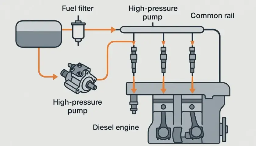 Schemat pokazuje, jak działa silnik diesla: paliwo z baku przez filtr trafia do pompy wysokiego ciśnienia, a następnie do listwy Common Rail, skąd wtryskiwacze podają je do cylindrów.