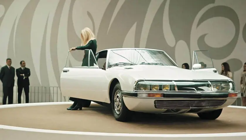 Elegancka blondynka otwiera drzwi białego Citroëna SM na wystawie. Obok stoją mężczyźni w garniturach.