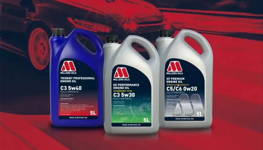 Millers Oils dobierz olej: trzy kanistry z olejem silnikowym Millers Oils w różnych kolorach, na tle stylizowanego samochodu.