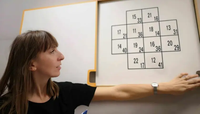 Kobieta wskazuje na tablicę z zadaniem liczbowym, przypominającym test psychologiczny.
