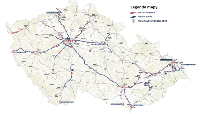 Mapa Czech z zaznaczonymi odcinkami płatnymi i bezpłatnymi autostrad. Gdzie kupić e-winiety Czechy? Sprawdź legendę mapy.