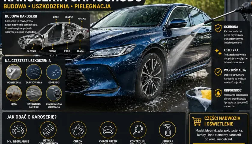 Niebieski samochód podczas mycia, z widocznymi elementami karoserii i informacjami o jej budowie i pielęgnacji.