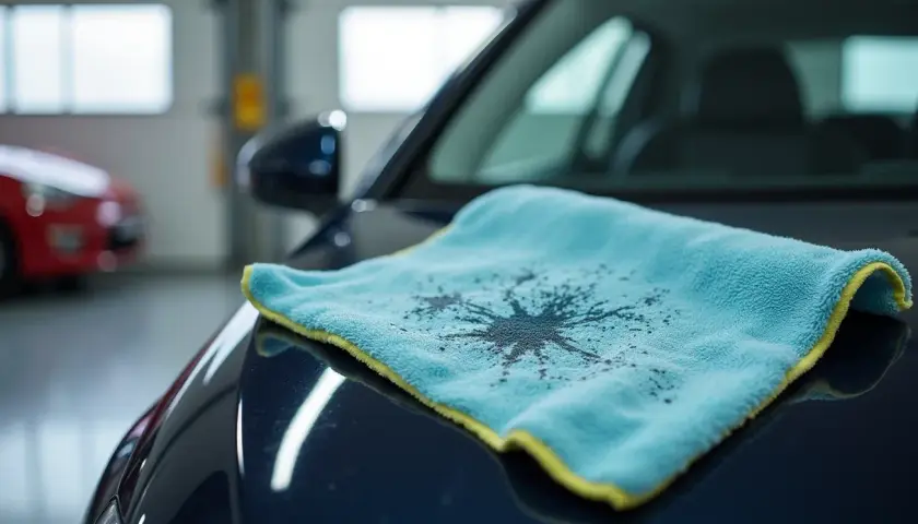 Niebieska mikrofibra z plamą na ciemnym lakierze samochodu. Klucz do tego, jak umyć auto bez smug.