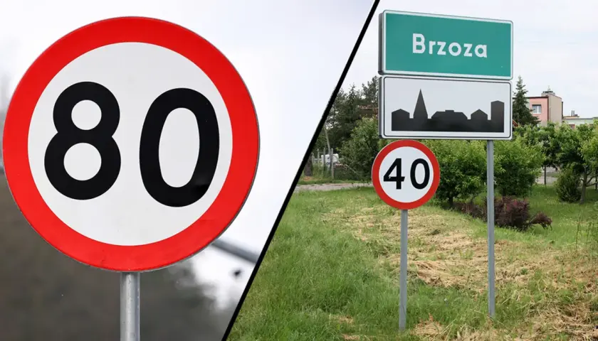 Znak b33 z ograniczeniem do 80 km/h i znak informujący o wjeździe do Brzozy z ograniczeniem do 40 km/h.