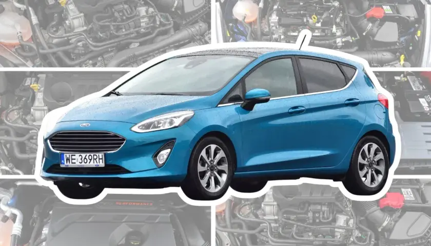 Niebieski Ford Fiesta MK5 z widocznym silnikiem pod maską.