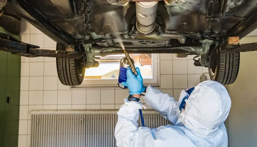 Mechanik w kombinezonie ochronnym zabezpiecza podwozie auta. Zastanawiasz się, ile kosztuje przegląd samochodu z gazem?