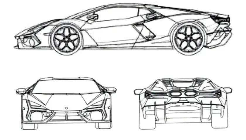 Szkic techniczny Lamborghini, pokazujący jak narysować ten sportowy samochód z różnych perspektyw: z boku, przodu i tyłu.