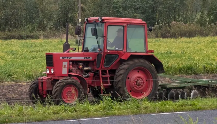 Czerwony ciągnik MTZ Belarus 82 z kabiną pracuje na polu, za nim widać pług.