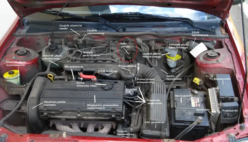 Silnik Toyota Yaris 1.3 benzyna. Czerwonym kółkiem zaznaczono filtr paliwa.