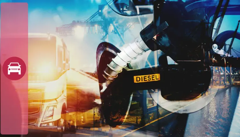 Dystrybutor z napisem DIESEL i ciężarówka. Czy ropa i diesel to to samo? Zastanówmy się nad tym.