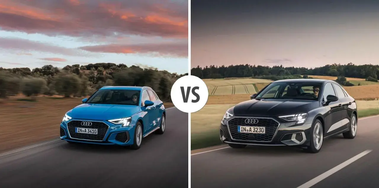 Niebieski i czarny Audi A3 2025 na drodze, porównanie modeli.