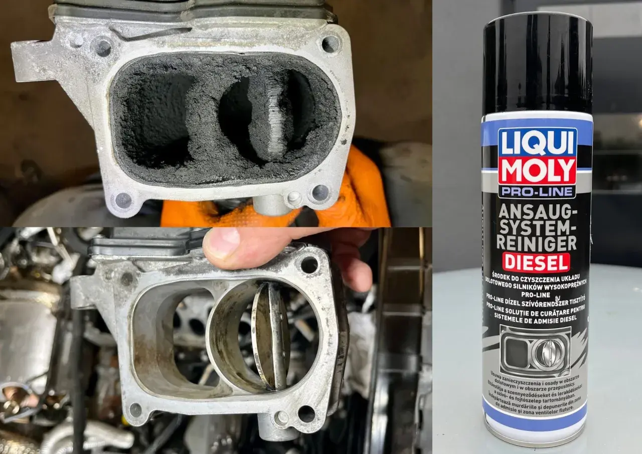 Przed i po czyszczeniu kolektora dolotowego silnika diesla. Puszka Liqui Moly płukanka do silnika diesel.