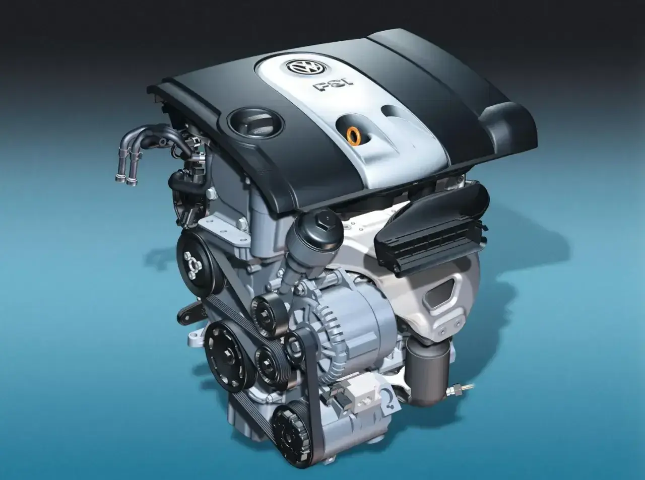 Silnik Volkswagen 1.6 MPI z widocznymi paskami, alternatorem i osłoną.