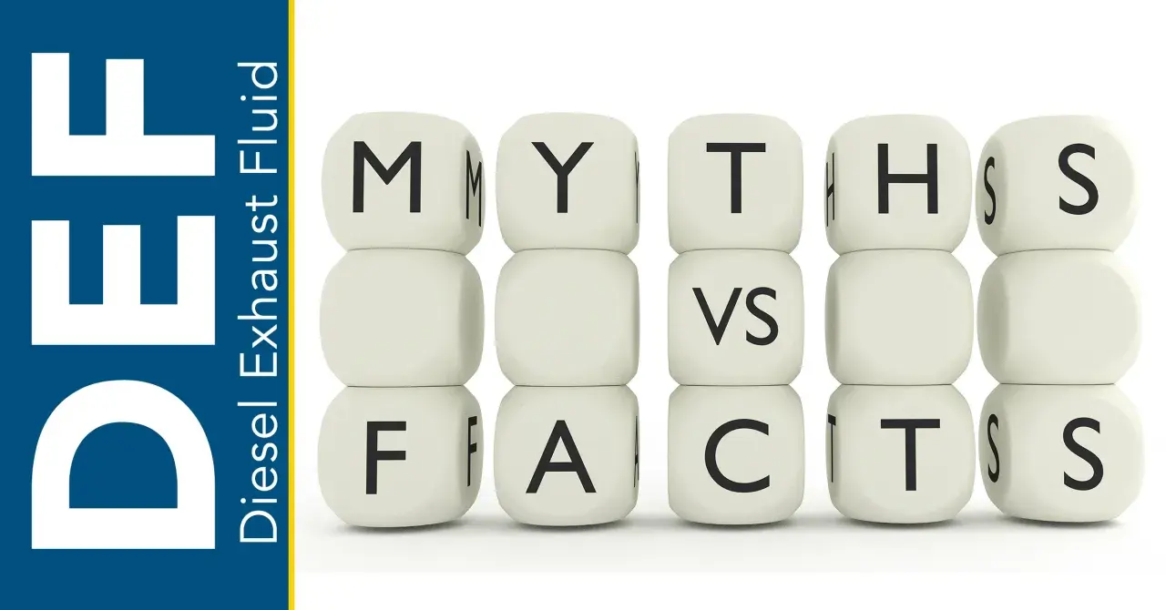Kostki z napisami "MYTHS VS FACTS" obok logo DEF (Diesel Exhaust Fluid). Czy to mit, że ceramizer do diesla z DPF nie działa?